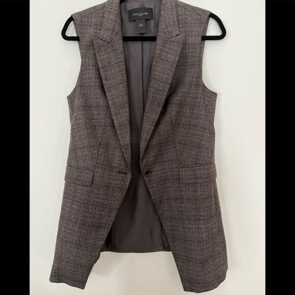 Ann Taylor brown/light squares long vest, one button fastener, side pockets, S - Picture 2 of 11